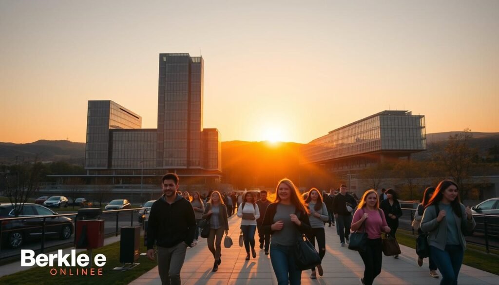 A majestic, modernistic campus of Berklee Online, bathed in a warm, golden glow from the setting sun. The sleek, glass-and-steel buildings rise up against a backdrop of rolling hills, conveying a sense of academic prestige and technological sophistication. In the foreground, students move purposefully between classes, carrying instruments and laptops, their faces alight with the excitement of musical exploration and discovery. The scene exudes an atmosphere of boundless creativity, innovation, and the promise of a world-class music education accessible from anywhere.