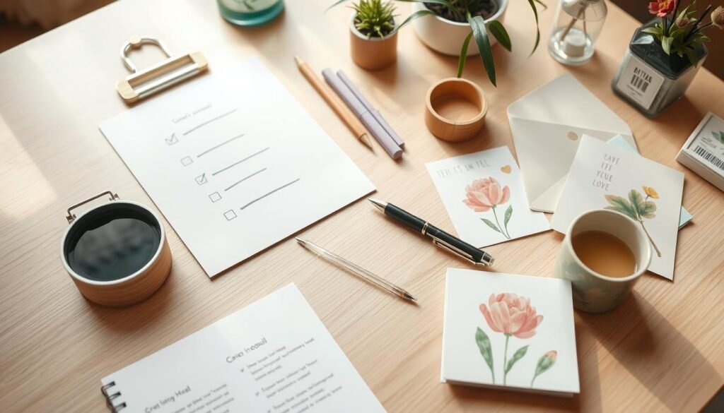 A neatly organized desk with a checklist, pen, and various eco-friendly office supplies like bamboo stationery and flower-based greeting cards. The lighting is soft and natural, creating a warm, productive atmosphere. The angle is slightly elevated, giving a birds-eye view of the workspace. The background is blurred, keeping the focus on the foreground items. The overall mood is one of mindful, sustainable business practices.