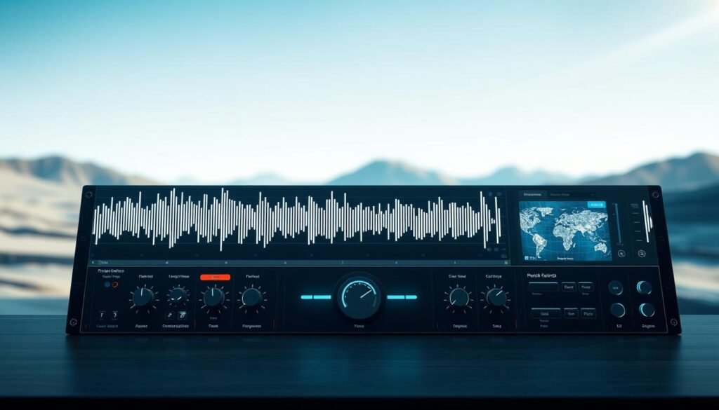 A real-time sound detection interface, showcasing a sleek and intuitive dashboard. The foreground features an audio waveform visualization, pulsing and responding to the captured sounds in real-time. The middle ground displays a series of knobs, sliders, and toggles, allowing the user to fine-tune the detection settings. The background is a softly blurred, minimalist landscape, creating a sense of focus on the core functionality. Bright, clean lighting illuminates the scene, with a cool, technical color palette that evokes a sense of precision and control. The overall composition conveys a powerful, yet accessible music education tool that empowers users to engage with sound in an immersive, interactive way.