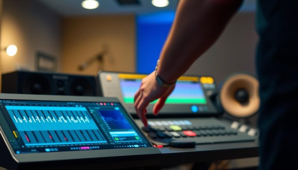 A sleek and modern digital audio workstation, Ableton Live, stands in the foreground. The interface features a clean, intuitive layout with customizable panels and a vibrant color scheme. The middle ground showcases a musician's hands, expertly navigating the software's various tools and controls, capturing the essence of a professional music production workflow. In the background, a softly blurred studio environment provides a sense of depth and context, with subtle lighting and the faint outline of recording equipment, conveying a high-quality, studio-quality ambiance. The overall scene evokes a sense of creativity, efficiency, and the power of modern music production tools.