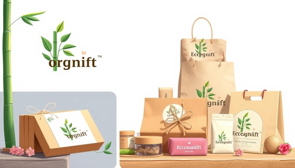 Detailed illustration of a distinctive, eco-friendly gift brand. Showcase a vibrant, organic logo design featuring natural elements like bamboo, leaves, and flowers. Depict the logo on a variety of packaging and presentation materials, such as gift boxes, bags, and cards, all rendered in a warm, earthy color palette. Highlight the brand's commitment to sustainability through the use of renewable, biodegradable materials. Capture the sense of artisanal craftsmanship and local collaboration. Use balanced, symmetrical composition and soft, diffused lighting to convey a premium, high-quality aesthetic.