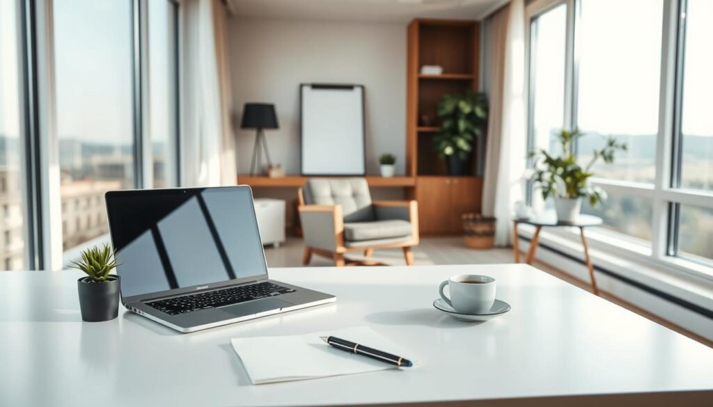A calm, inviting office setting with a soft, natural lighting filtering through large windows. A sleek, modern desk with a laptop, pen, and a small plant sits in the foreground. In the middle ground, a comfortable armchair and a side table with a cup of coffee convey a sense of relaxation and productivity. The background features minimalist decor, warm wooden accents, and a serene landscape visible through the windows, creating an atmosphere of flexibility and focus. The overall impression is one of a flexible, well-appointed workspace that caters to the needs of a productive, yet relaxed, professional. A calm, inviting office setting with a soft, natural lighting filtering through large windows. A sleek, modern desk with a laptop, pen, and a small plant sits in the foreground. In the middle ground, a comfortable armchair and a side table with a cup of coffee convey a sense of relaxation and productivity. The background features minimalist decor, warm wooden accents, and a serene landscape visible through the windows, creating an atmosphere of flexibility and focus. The overall impression is one of a flexible, well-appointed workspace that caters to the needs of a productive, yet relaxed, professional.