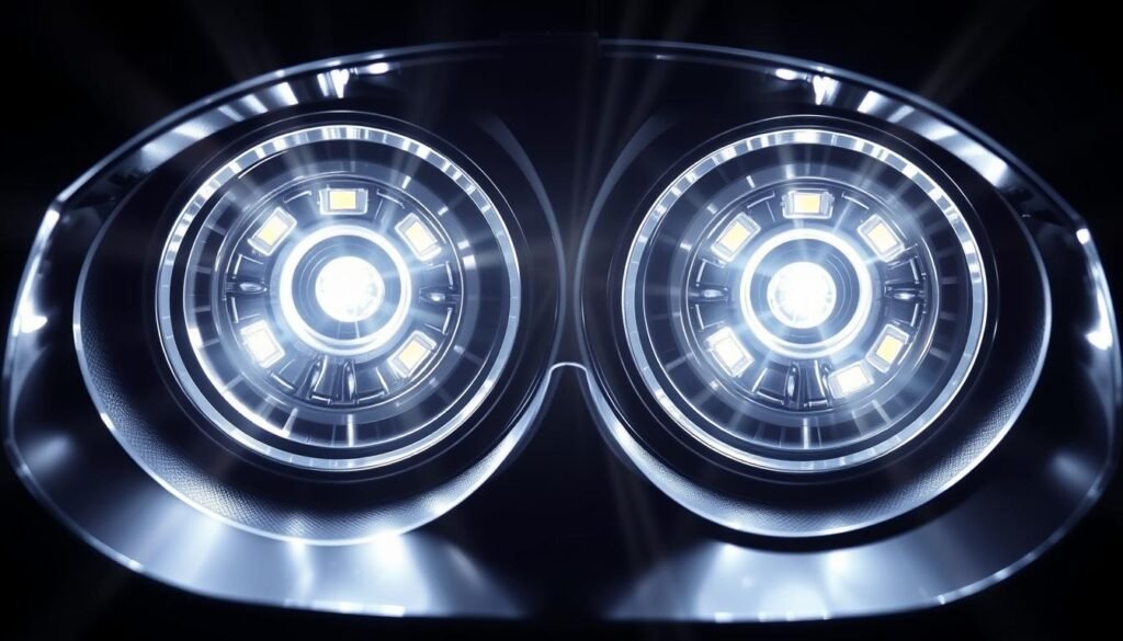 A close-up view of a powerful bi-LED automotive headlight, its dual beams shining brightly against a dark background. The intricate optical lens system is the focal point, with a distinct circular shape and a metallic chrome finish. The LED chips themselves emit a crisp, cool-toned illumination, casting a sharp, focused beam that suggests precision and efficiency. The overall design conveys a sense of technical sophistication and advanced lighting technology, perfectly suited for the "Optik Fokus LED" concept.