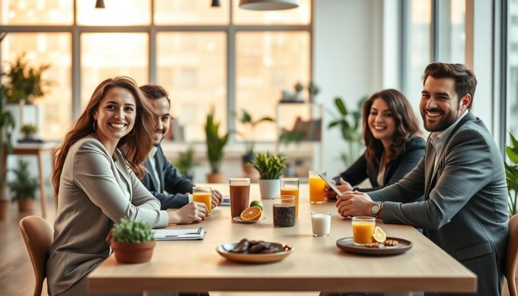 A collaborative scene depicting health influencers engaged in a lively discussion about wellness strategies. In the foreground, a diverse group of three influencers, two women and one man, are seated at a light wooden table adorned with healthy snacks and beverages. They’re dressed in professional business attire, showcasing positivity and enthusiasm. In the middle ground, a softly blurred, vibrant workspace with potted plants and wellness books fosters a creative ambiance. The background features large windows allowing warm, natural light to flood the room, enhancing the inviting atmosphere. The overall mood conveys collaboration and inspiration, emphasizing the idea of shared knowledge in health and wellness. The image should have a soft-focus lens effect, capturing the warmth of the scene.