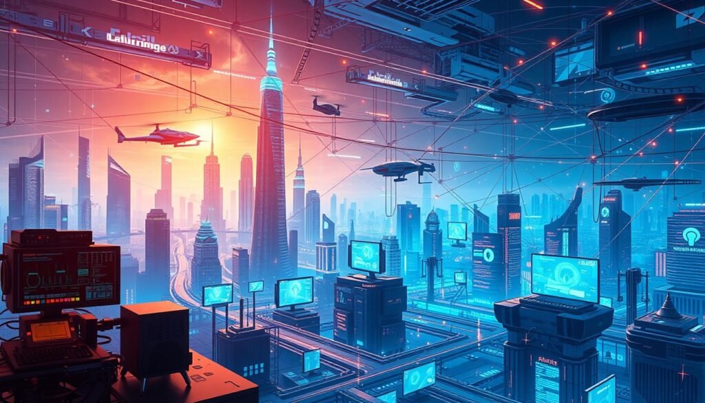 A complex, interconnected landscape of emerging technologies, including a central focus on machine learning, computer vision, natural language processing, Android platforms, and the Internet of Things. The scene features a futuristic cityscape with towering skyscrapers, sleek hovering vehicles, and holographic displays, all bathed in a warm, vibrant glow from omnipresent ambient lighting. In the foreground, cutting-edge research equipment, data visualizations, and prototypes hint at the rapid advancements happening in these dynamic fields. The overall atmosphere conveys a sense of boundless innovation, progress, and the powerful impact of these transformative technologies on our world. A complex, interconnected landscape of emerging technologies, including a central focus on machine learning, computer vision, natural language processing, Android platforms, and the Internet of Things. The scene features a futuristic cityscape with towering skyscrapers, sleek hovering vehicles, and holographic displays, all bathed in a warm, vibrant glow from omnipresent ambient lighting. In the foreground, cutting-edge research equipment, data visualizations, and prototypes hint at the rapid advancements happening in these dynamic fields. The overall atmosphere conveys a sense of boundless innovation, progress, and the powerful impact of these transformative technologies on our world.