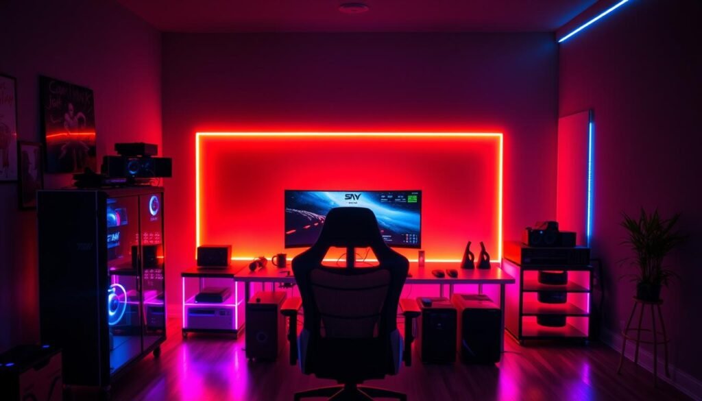 A dimly lit gaming room with a vibrant, immersive LED lighting setup. The foreground showcases a high-end gaming PC setup with a curved ultrawide monitor, surrounded by a dynamic array of LED strips that cast a mesmerizing glow across the desk and surrounding surfaces. The middle ground features a comfortable gaming chair and additional peripherals, all bathed in the warm, responsive LED illumination. In the background, the walls are adorned with more LED lighting, creating a seamless, atmospheric ambiance that envelops the space. The lighting reacts to in-game events, enhancing the immersive, futuristic aesthetic of the gaming environment.