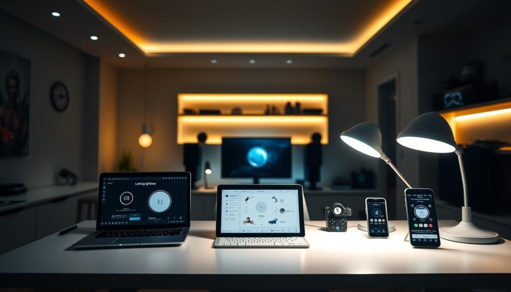 A dimly lit room with a modern workstation showcasing a variety of smart lighting controls and setup options. Sleek, minimalist desk with a laptop, tablet, and smartphone displaying various lighting adjustment apps. Soft, warm lighting emanates from a mix of recessed LEDs and adjustable task lamps, casting a cozy glow across the scene. Hints of a gaming setup or home office in the background, creating an immersive, futuristic atmosphere of connectivity and customizable illumination. Emphasis on the seamless integration of technology and lighting for a personalized, energy-efficient environment.