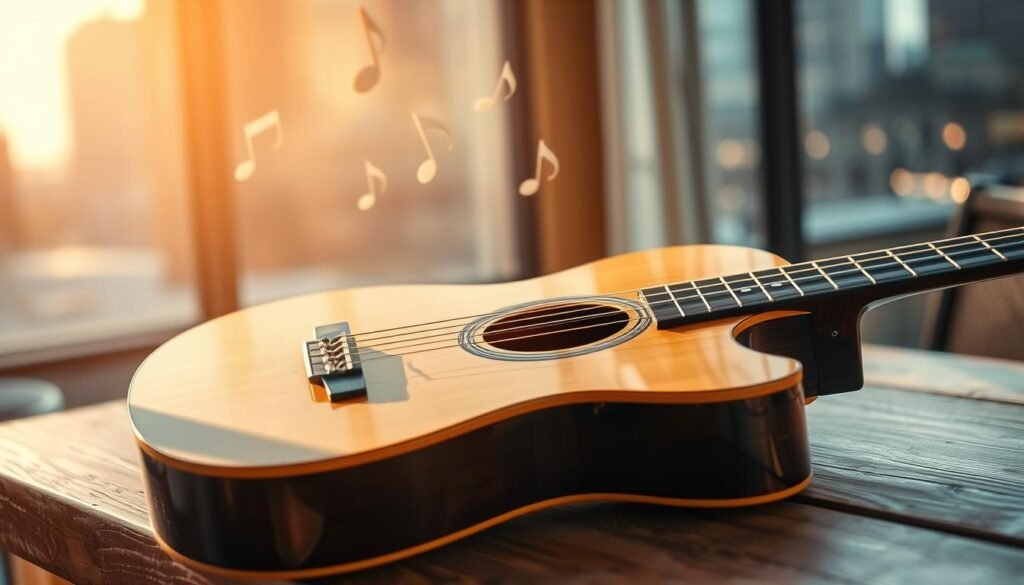 A high-quality acoustic guitar resting on a wooden table, surrounded by musical notes floating in the air. Warm, natural lighting illuminates the scene, casting a cozy, inviting atmosphere. The guitar's fretboard and strings are clearly visible, inviting the viewer to imagine the soulful melodies that could be played. In the background, a blurred, out-of-focus cityscape suggests an urban setting, hinting at the diverse musical influences and opportunities available. The overall composition conveys a sense of creativity, inspiration, and the joy of discovering new musical experiences.