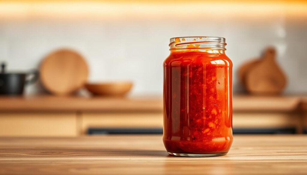 A high-quality glass jar filled with a vibrant red sambal paste, glistening with natural oils. The jar is set against a backdrop of a modern kitchen counter, with a sleek wooden surface and minimalist white tiles. Warm, diffused lighting casts a soft glow on the jar, highlighting the texture and depth of the sambal. The composition is clean and uncluttered, allowing the star of the image - the sambal kemasan - to take center stage. The overall mood is one of contemporary sophistication, showcasing the artisanal quality and appeal of this modern, versatile condiment.