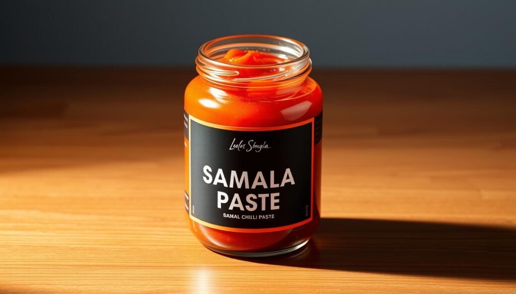 A modern, minimalist glass jar filled with vibrant red sambal chili paste, its label showcasing a sleek, contemporary design with clean typography and a striking color scheme. The jar sits atop a polished wooden surface, casting soft shadows and reflecting the warm lighting from above. The overall composition exudes a sense of premium quality, highlighting the product's premium branding and packaging for the international export market.