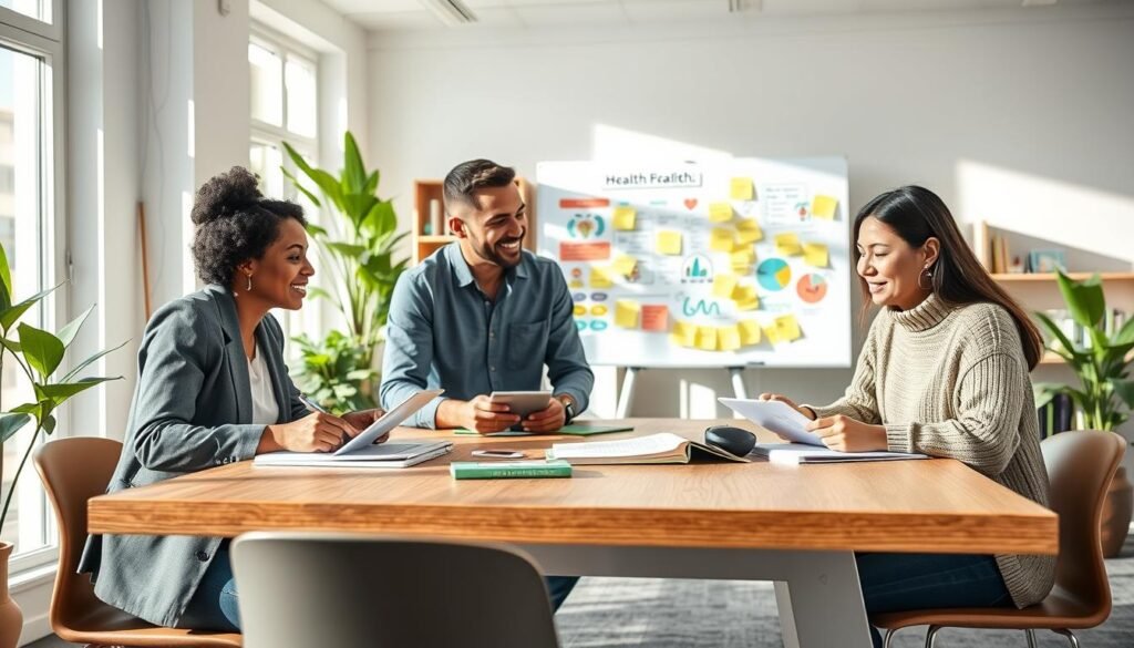 A serene, well-lit workspace designed for health education content creation. In the foreground, a diverse group of three professionals; a Black woman in a smart blazer, a White man in a casual button-up shirt, and an Asian woman wearing a modest sweater, are engaged in a collaborative meeting around a modern wooden table. They have digital devices and notebooks open, brainstorming ideas for engaging health content. In the middle ground, a whiteboard filled with colorful charts and sticky notes illustrating health strategies and statistics. The background features plants and shelves with health books, creating a warm and inviting atmosphere. The lighting is bright and natural, coming from large windows, casting soft shadows and enhancing the productive mood of the scene.