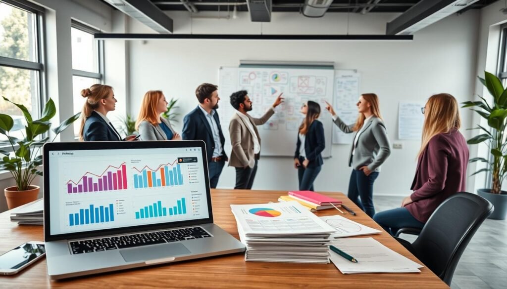 A sleek modern workspace showcasing an effective marketing strategy for drop shipping iPhone cases. In the foreground, a laptop displays vibrant graphs and marketing plans, surrounded by professional marketing materials. The middle layer features a diverse group of business professionals in smart casual attire, engaged in a brainstorming session, pointing at ideas on a large whiteboard filled with colorful diagrams. The background reveals a trendy office with soft lighting, large windows allowing natural light to flood in, and greenery for a fresh atmosphere. The overall mood is collaborative and innovative, reflecting the excitement of achieving a first order in the dropshipping business. The composition is shot from a high angle to encapsulate the teamwork and strategic planning in action.