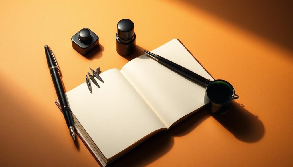 A thoughtfully composed still life depicting the concept of "judul" or a book title. Set against a warm, neutral background, the image showcases a carefully arranged composition of various writing instruments, including a sleek fountain pen, a set of calligraphy nibs, and a small pot of ink. The tools are positioned alongside an open notebook, its pages invitingly blank, suggesting the start of a new writing endeavor. Soft, directional lighting casts subtle shadows, adding depth and dimensionality to the scene. The overall mood is one of focused creativity and the anticipation of a new literary work in progress. A thoughtfully composed still life depicting the concept of "judul" or a book title. Set against a warm, neutral background, the image showcases a carefully arranged composition of various writing instruments, including a sleek fountain pen, a set of calligraphy nibs, and a small pot of ink. The tools are positioned alongside an open notebook, its pages invitingly blank, suggesting the start of a new writing endeavor. Soft, directional lighting casts subtle shadows, adding depth and dimensionality to the scene. The overall mood is one of focused creativity and the anticipation of a new literary work in progress.