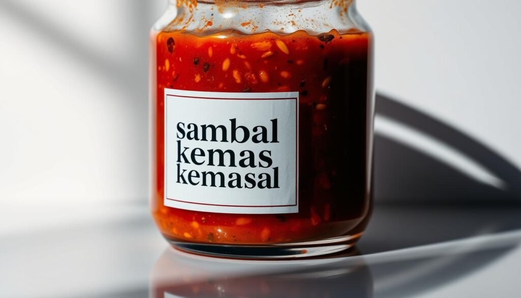 A vibrant, high-resolution close-up photograph of a glass jar filled with a rich, chunky sambal sauce. The sambal has a deep, fiery red hue and is flecked with visible seeds and aromatic herbs. The jar's label features a bold, modern design with a minimalist aesthetic, prominently displaying the "sambal kemasan" branding. The jar is situated on a clean, reflective surface, allowing the sauce's vivid color to be beautifully showcased. Soft, directional lighting casts dramatic shadows, accentuating the textural details of the sambal. The image conveys a sense of artisanal quality, capturing the essence of a premium, authentic sambal product.