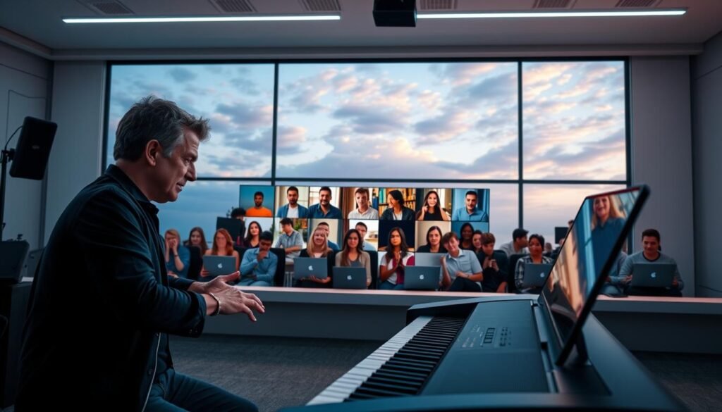A vibrant livestream platform set against a modern, minimalist backdrop. In the foreground, a charismatic music instructor guides their students through an engaging online lesson, their hands gracefully demonstrating techniques on a sleek digital piano. The middle ground features a grid of enthusiastic students, their faces lit by the glow of their screens as they follow along. In the background, a serene, cloud-filled sky sets the stage for this dynamic, collaborative learning environment. Soft, diffused lighting illuminates the scene, creating a warm, inviting atmosphere for this virtual music community.