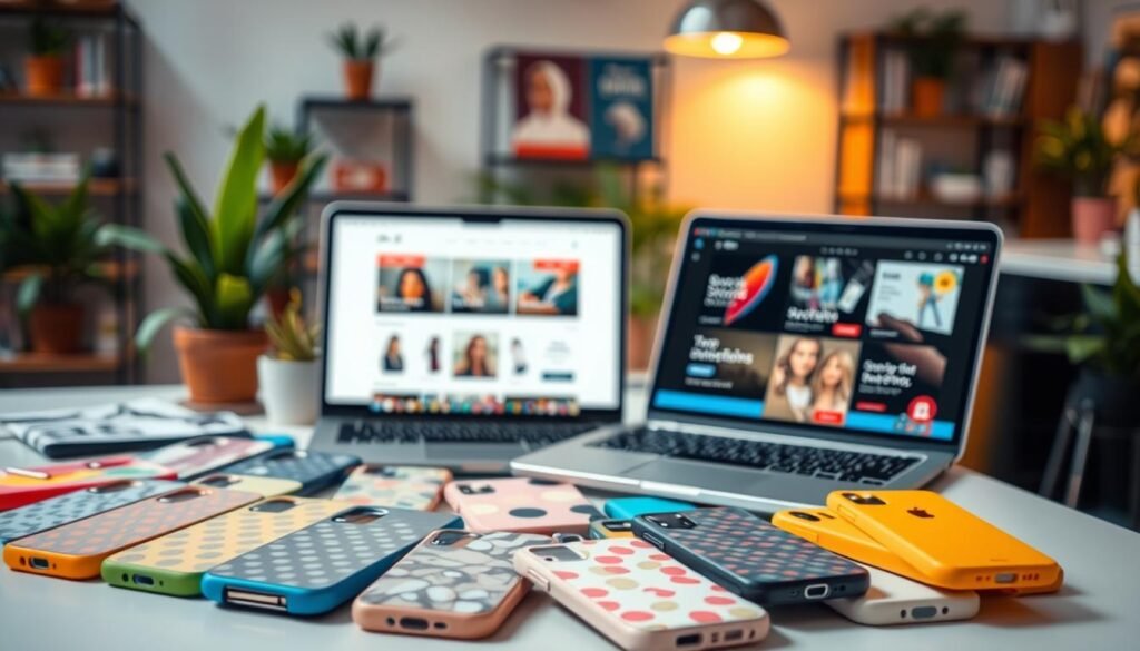 A visually engaging workspace showcasing a selection of iPhone drop ship cases from various suppliers. In the foreground, a neatly arranged display of colorful, stylish iPhone cases with unique designs, some with patterns and others in solid colors. The middle ground features a laptop open with supplier websites on the screen, illustrating the online selection process. In the background, soft lighting illuminates a modern office environment, with potted plants and shelves stocked with marketing materials. The overall atmosphere is professional and inviting, suggesting a productive business setting. Use a warm color palette and a slight depth of field to focus on the cases, creating a sense of trust and quality in supplier selection.