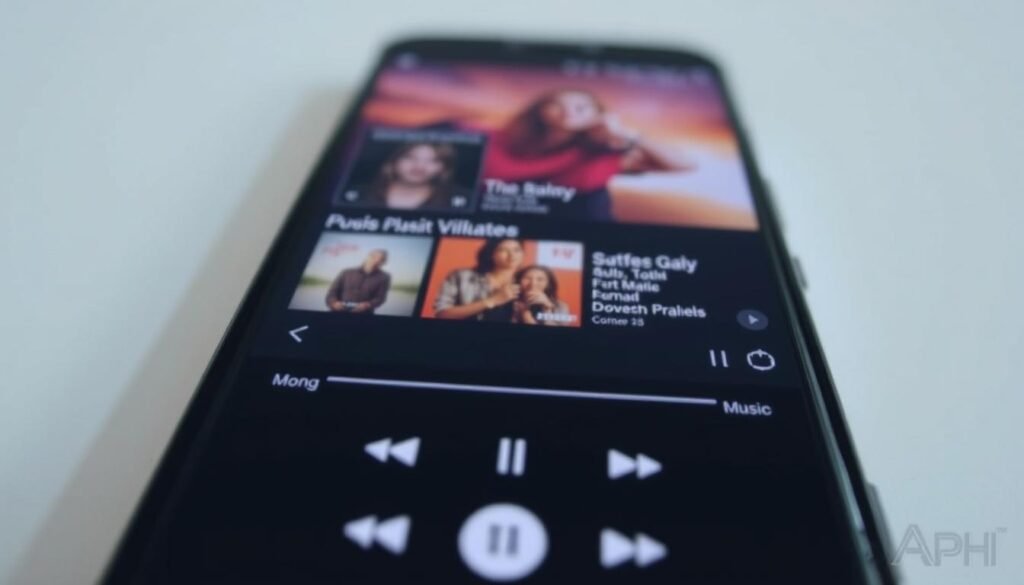 A well-lit Android smartphone screen showcasing a music player app interface. In the foreground, the app's playback controls and visualizer are prominently displayed, giving the impression of an immersive audio experience. In the middle ground, album artwork and song information are visible, hinting at the diverse music library available. The background gently fades into a neutral, clean environment, allowing the app to take center stage. The overall composition conveys a sense of modern, minimalist design and high-quality sound performance.