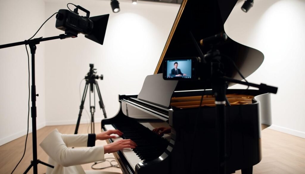 A well-lit recording studio with a pianist performing a video for a music lesson. The foreground features a grand piano with the musician's hands playing the keys, while the middle ground showcases a professional-grade camera and lighting equipment capturing the performance. The background depicts a neutral, minimalist setting with clean white walls, creating a focused, studio-like atmosphere. The overall mood conveys a sense of professionalism, expertise, and a dedication to creating high-quality musical content for an online audience.
