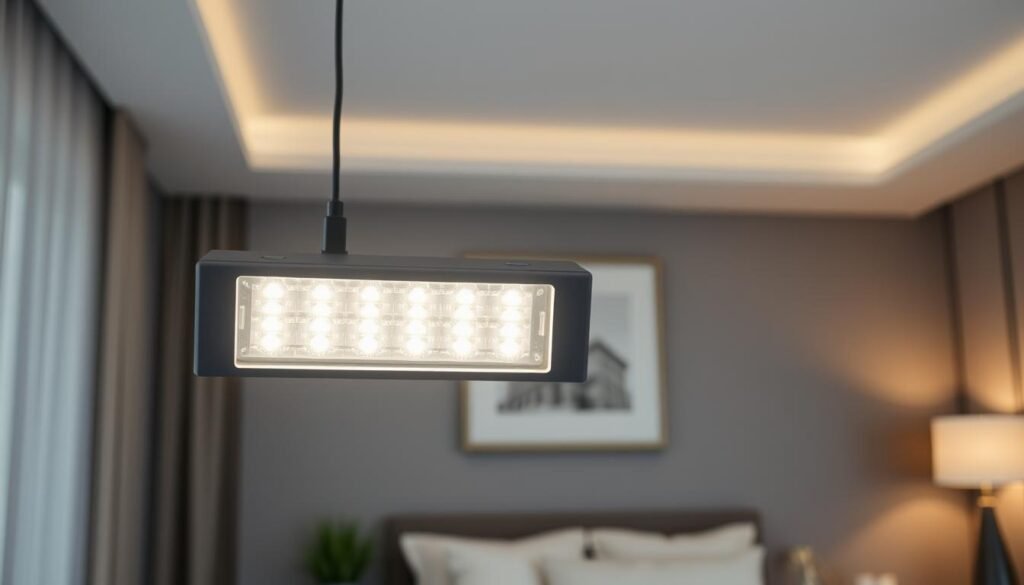Detailed image of a modern LED lighting fixture, with a focus on the diffusion and even distribution of the illumination in a room. The lighting fixture should be positioned prominently in the foreground, with a clean, minimalist design featuring a sleek, rectangular frame in a metallic or matte black finish. The LED bulbs should be arranged in a linear pattern, creating a soft, ambient glow that fills the middle ground of the scene. The background should depict a cozy, well-appointed living space, such as a bedroom or home office, with subtle textures and neutral color tones to accentuate the lighting. Capture the practical, energy-efficient nature of the LED lighting solution, as well as its ability to create a warm, inviting atmosphere.