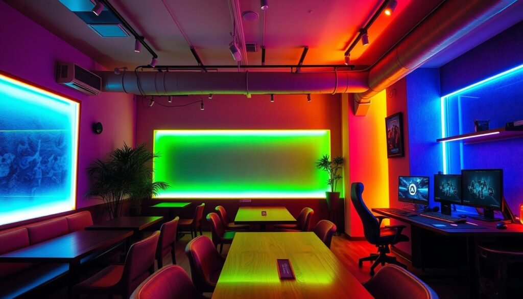 Vibrant LED lighting display featuring a cozy cafe setting and a gaming station. Soft, diffused illumination in a range of hues - warm amber, cool blue, vivid green - cascades across wooden tables, plush furnishings, and sleek gaming peripherals. Strategically placed LED strips accent architectural details, creating a dynamic, energy-efficient ambiance ideal for both social and solo endeavors. Shadows and highlights interplay to produce a welcoming, immersive atmosphere. Precise lighting angles and balanced color temperatures cultivate an inviting, yet productive environment for both work and play.