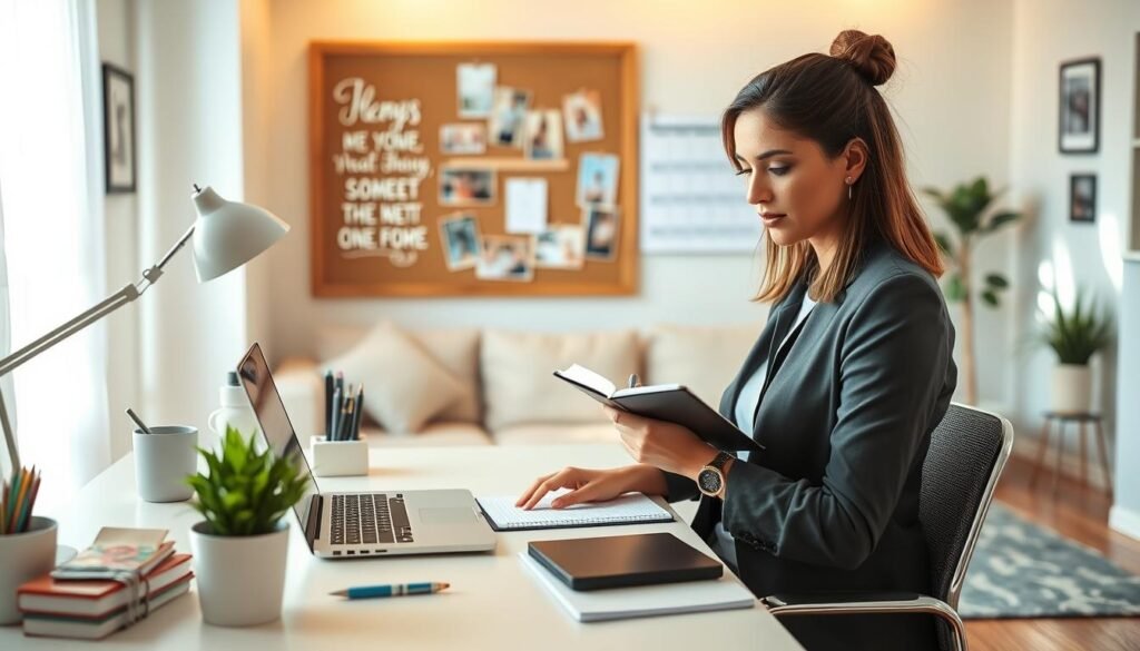 A bright and cozy home office setup designed for a stay-at-home mom starting an online business. In the foreground, a woman in professional casual clothing, focused and writing notes on a notepad, sitting at a stylish desk with a laptop, a potted plant, and organized stationery. In the middle, a bulletin board with inspirational quotes and a calendar. In the background, a soft-lit living room with family photos on the wall, a comfortable couch, and natural light streaming through a window. The overall mood is uplifting and motivating, conveying productivity and readiness. The lighting is warm and inviting, captured with a slight depth of field to emphasize the woman at her desk. A bright and cozy home office setup designed for a stay-at-home mom starting an online business. In the foreground, a woman in professional casual clothing, focused and writing notes on a notepad, sitting at a stylish desk with a laptop, a potted plant, and organized stationery. In the middle, a bulletin board with inspirational quotes and a calendar. In the background, a soft-lit living room with family photos on the wall, a comfortable couch, and natural light streaming through a window. The overall mood is uplifting and motivating, conveying productivity and readiness. The lighting is warm and inviting, captured with a slight depth of field to emphasize the woman at her desk.