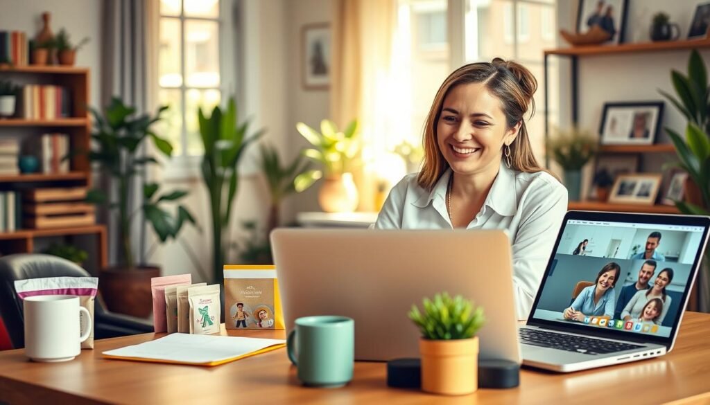 A cozy home office scene demonstrating various online business ideas for housewives. In the foreground, a cheerful woman in a professional yet comfortable outfit sits at a desk, focused on her laptop, with a notepad and coffee mug nearby. The middle ground features various elements representing online businesses: colorful product packages, a sewing machine for crafting, and a laptop displaying a virtual meeting. In the background, sunlight filters through a window, illuminating potted plants and family photos, creating a warm, inviting atmosphere. The scene conveys productivity and optimism, showcasing the balance between work and home life. Soft lighting enhances the inviting mood, capturing a moment of entrepreneurial spirit. A cozy home office scene demonstrating various online business ideas for housewives. In the foreground, a cheerful woman in a professional yet comfortable outfit sits at a desk, focused on her laptop, with a notepad and coffee mug nearby. The middle ground features various elements representing online businesses: colorful product packages, a sewing machine for crafting, and a laptop displaying a virtual meeting. In the background, sunlight filters through a window, illuminating potted plants and family photos, creating a warm, inviting atmosphere. The scene conveys productivity and optimism, showcasing the balance between work and home life. Soft lighting enhances the inviting mood, capturing a moment of entrepreneurial spirit.