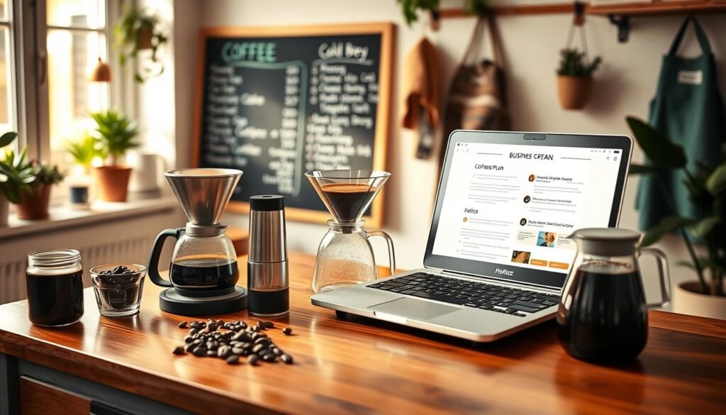 A cozy home workspace designed for starting a coffee business, featuring a compact coffee brewing setup on a stylish wooden table. In the foreground, a laptop displays a business plan, next to a selection of coffee beans, a pour-over dripper, and a cold brew pitcher. The middle ground showcases a vibrant chalkboard menu listing various coffee options. In the background, warm light filters through a window, illuminating modern decor with plants and a barista's apron hanging. Capture a productive and inviting atmosphere, emphasizing professionalism in a home environment. Use soft, natural lighting to create a warm and inspiring mood, shot from a slightly elevated angle to showcase all elements harmoniously.
