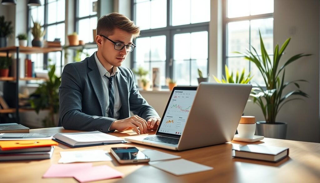 A modern, bright workspace featuring a young professional in business attire, focused intently on a laptop displaying social media analytics. In the foreground, a colorfully organized desk with notes and a smartphone showing various social media platforms. The middle ground includes shelves adorned with books and plants, creating a warm, inviting atmosphere. In the background, large windows allow natural light to flood the space, casting soft shadows. The overall mood is dynamic and productive, reflecting the essence of social media management. The scene is captured from a slightly elevated angle, showcasing the hustle and creativity involved in managing social media for a business. A modern, bright workspace featuring a young professional in business attire, focused intently on a laptop displaying social media analytics. In the foreground, a colorfully organized desk with notes and a smartphone showing various social media platforms. The middle ground includes shelves adorned with books and plants, creating a warm, inviting atmosphere. In the background, large windows allow natural light to flood the space, casting soft shadows. The overall mood is dynamic and productive, reflecting the essence of social media management. The scene is captured from a slightly elevated angle, showcasing the hustle and creativity involved in managing social media for a business.