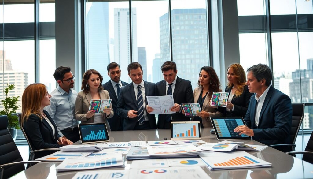 A professional business setting illustrating an analysis of a profit and loss report. In the foreground, a diverse group of professionals in business attire, focused and engaged in discussion, with charts and graphs in front of them, highlighting key metrics. The middle ground captures a sleek conference table piled with financial reports and digital devices displaying colorful spreadsheets. In the background, large windows with natural light pouring in, showcasing a modern cityscape. The atmosphere is serious yet collaborative, emphasizing critical thinking and meticulous analysis. The lighting is bright but soft, creating a welcoming and focused environment. The angle is slightly above eye level, allowing a comprehensive view of the interactions and the data displayed.