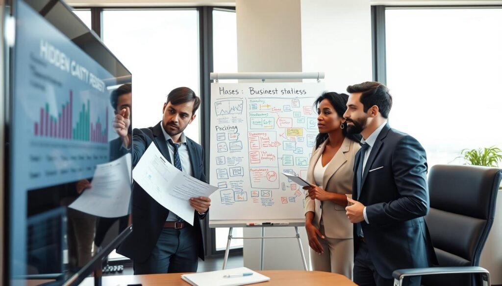 A professional business setting, showcasing a strategy meeting focused on identifying hidden causes of business losses. In the foreground, a diverse group of three business professionals, dressed in smart attire, are intensely analyzing financial reports on a large screen, with focused expressions. The middle ground features a whiteboard filled with colorful diagrams and notes about loss identification strategies. In the background, a modern office environment with large windows allowing natural light to fill the space, creating a bright and motivating atmosphere. The perspective is slightly elevated, capturing both the group and the board. The mood is proactive and insightful, emphasizing collaboration and strategic thinking in a quest to unveil hidden financial issues.