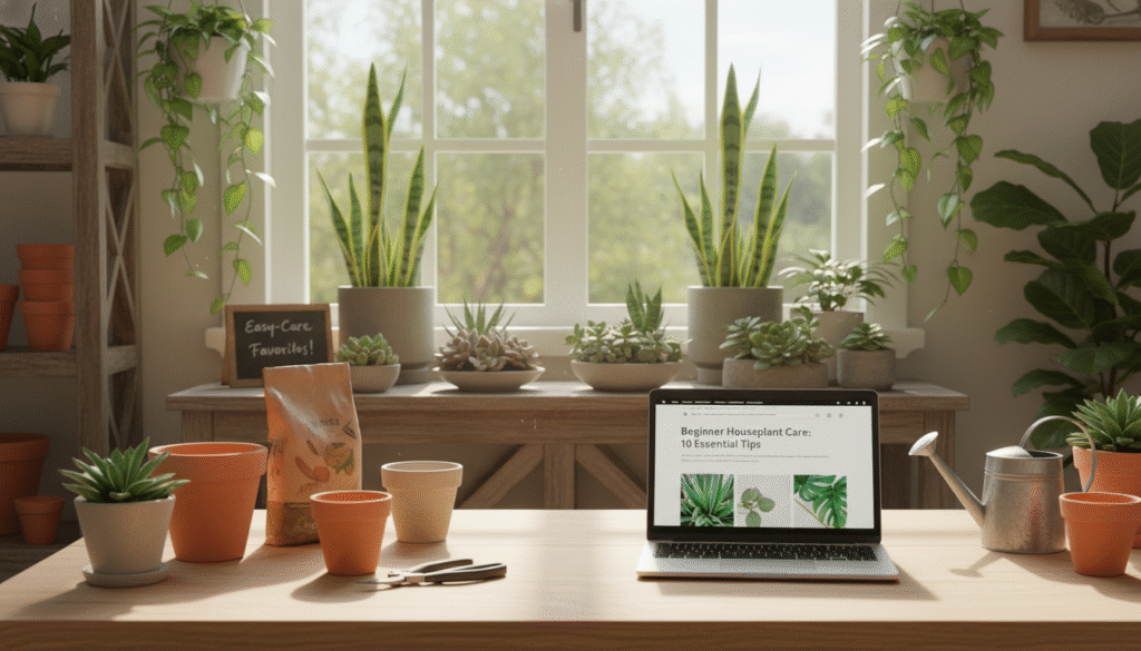 A serene indoor setting showcasing beginner tips for starting a houseplant business. In the foreground, a neatly organized workspace with tools like pruning shears, pots, and soil, alongside a laptop displaying plant care information. The middle ground features a variety of vibrant houseplants, such as snake plants, succulents, and pothos, displayed on rustic wooden shelves, demonstrating popular options for beginners. The background shows a bright, airy window with natural light streaming in, highlighting the green foliage. The atmosphere is calm and inviting, perfect for a budding entrepreneur. Soft, warm lighting enhances the overall aesthetic, creating an inspiring mood for starting a plant business.