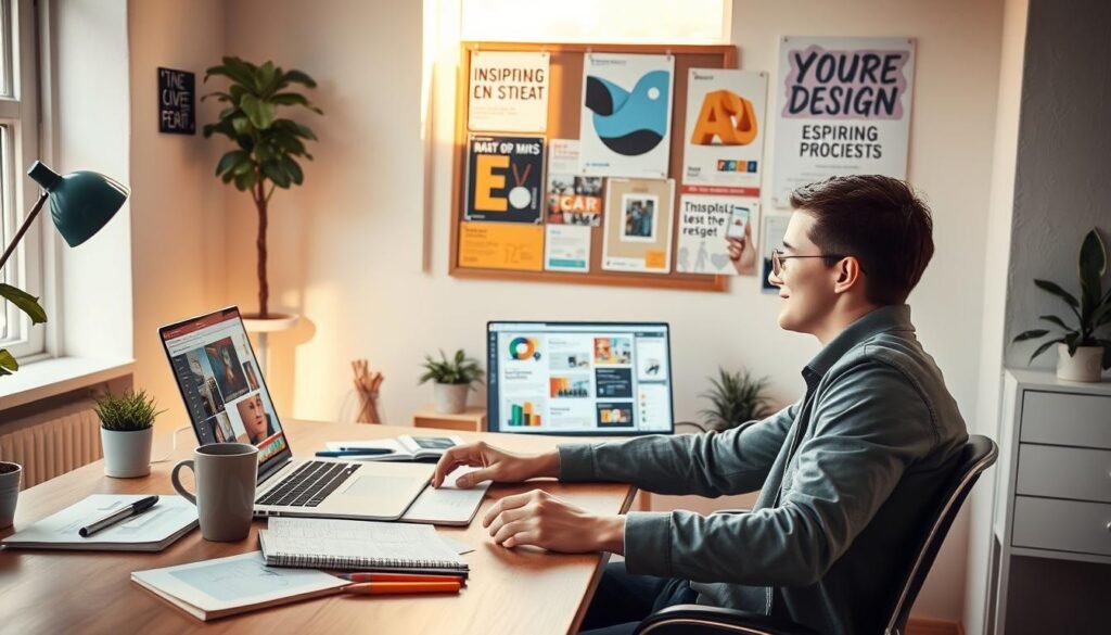 A young, motivated graphic design student working diligently at a stylish desk in a cozy, well-lit apartment. The foreground features a laptop open to design software with colorful mock-ups displayed on the screen. A sketchbook and design tools are scattered around, indicating creativity in progress. In the middle background, a bulletin board displays inspiring design projects and industry-related posters. The atmosphere is bright and inviting, with warm natural light filtering in through a window, casting gentle shadows. The student, dressed in smart casual attire, looks focused and passionate, immersed in their work. Subtle elements like a coffee mug and houseplants add a personal touch, enhancing the feeling of a productive workspace. A young, motivated graphic design student working diligently at a stylish desk in a cozy, well-lit apartment. The foreground features a laptop open to design software with colorful mock-ups displayed on the screen. A sketchbook and design tools are scattered around, indicating creativity in progress. In the middle background, a bulletin board displays inspiring design projects and industry-related posters. The atmosphere is bright and inviting, with warm natural light filtering in through a window, casting gentle shadows. The student, dressed in smart casual attire, looks focused and passionate, immersed in their work. Subtle elements like a coffee mug and houseplants add a personal touch, enhancing the feeling of a productive workspace.