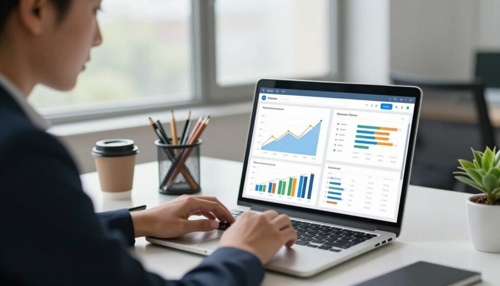 A modern office workspace depicting a digital financial transaction recording application. In the foreground, a sleek laptop displaying a user-friendly financial dashboard, with colorful graphs and charts representing various business metrics. A professional business person, dressed in smart attire, is focused on the screen, analyzing data with a thoughtful expression. In the middle ground, an organized desk with stationery, a coffee mug, and a stylish plant adds a touch of life to the environment. The background features large windows with natural light pouring in, creating a bright and airy atmosphere. Soft shadows enhance the depth of the scene, while a slight bokeh effect adds an artistic touch, conveying a sense of professionalism and clarity in business management. A modern office workspace depicting a digital financial transaction recording application. In the foreground, a sleek laptop displaying a user-friendly financial dashboard, with colorful graphs and charts representing various business metrics. A professional business person, dressed in smart attire, is focused on the screen, analyzing data with a thoughtful expression. In the middle ground, an organized desk with stationery, a coffee mug, and a stylish plant adds a touch of life to the environment. The background features large windows with natural light pouring in, creating a bright and airy atmosphere. Soft shadows enhance the depth of the scene, while a slight bokeh effect adds an artistic touch, conveying a sense of professionalism and clarity in business management.