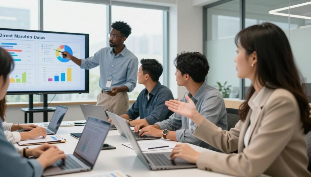 A vibrant, modern office setting portraying a diverse group of professionals engaged in a strategic marketing meeting. In the foreground, a confident businesswoman in smart casual attire gestures towards a digital display showcasing personalized marketing tactics, with colorful charts and graphs illustrating direct marketing strategies. In the middle, a diverse team of professionals, including a Black man and an Asian woman, collaborate around a sleek conference table filled with laptops and marketing materials, emphasizing teamwork and innovation. The background features large windows allowing natural light to flood the room, enhancing the dynamic atmosphere. The mood is focused yet energetic, evoking a sense of collaboration in the realm of online sales growth. The image is composed with a slightly angled perspective that emphasizes engagement and active discussion among team members. A vibrant, modern office setting portraying a diverse group of professionals engaged in a strategic marketing meeting. In the foreground, a confident businesswoman in smart casual attire gestures towards a digital display showcasing personalized marketing tactics, with colorful charts and graphs illustrating direct marketing strategies. In the middle, a diverse team of professionals, including a Black man and an Asian woman, collaborate around a sleek conference table filled with laptops and marketing materials, emphasizing teamwork and innovation. The background features large windows allowing natural light to flood the room, enhancing the dynamic atmosphere. The mood is focused yet energetic, evoking a sense of collaboration in the realm of online sales growth. The image is composed with a slightly angled perspective that emphasizes engagement and active discussion among team members.