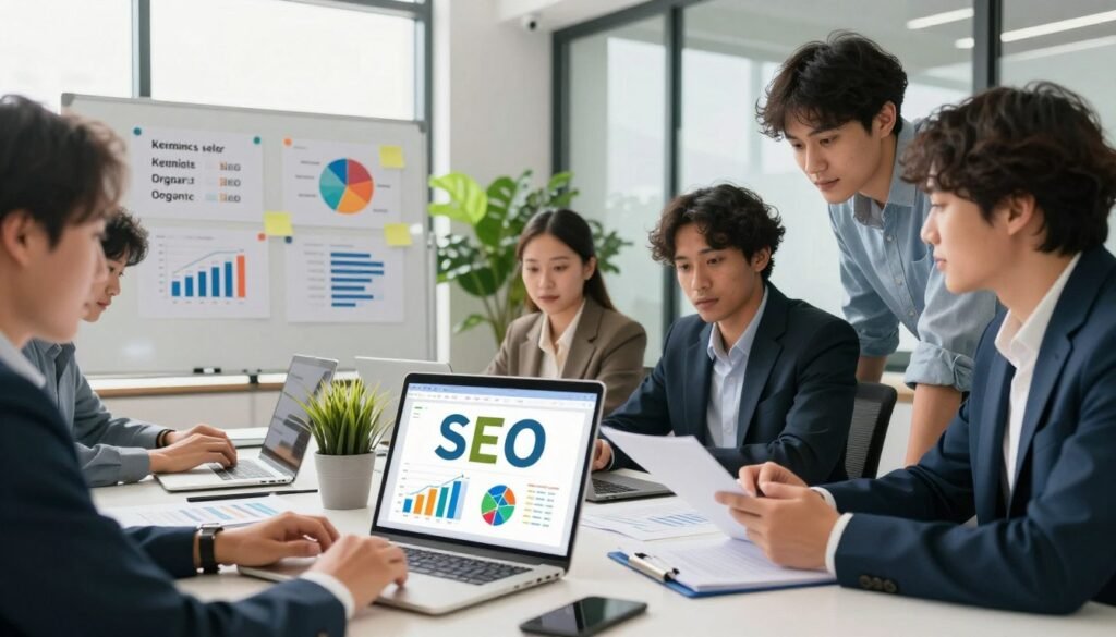 A vibrant workspace illustrating the fundamentals of SEO for organic visibility. In the foreground, a laptop displays colorful graphs and charts, symbolizing data analysis. To the side, a diverse group of professionals in smart business attire collaborate around a table, discussing strategies. In the middle ground, infographics of keywords and SEO metrics are pinned on a whiteboard, while green plants add a touch of nature. The background features a modern office environment with large windows letting in soft sunlight, creating a motivating atmosphere. The overall feel is energetic and focused, conveying the importance of mastering SEO for online sales growth. The scene is well-lit, showcasing clarity and professionalism, captured from a slight elevation to capture both the workspace and the engaged individuals effectively. A vibrant workspace illustrating the fundamentals of SEO for organic visibility. In the foreground, a laptop displays colorful graphs and charts, symbolizing data analysis. To the side, a diverse group of professionals in smart business attire collaborate around a table, discussing strategies. In the middle ground, infographics of keywords and SEO metrics are pinned on a whiteboard, while green plants add a touch of nature. The background features a modern office environment with large windows letting in soft sunlight, creating a motivating atmosphere. The overall feel is energetic and focused, conveying the importance of mastering SEO for online sales growth. The scene is well-lit, showcasing clarity and professionalism, captured from a slight elevation to capture both the workspace and the engaged individuals effectively.